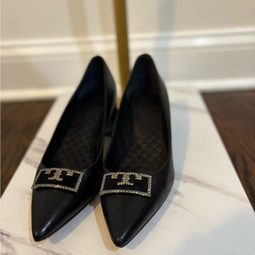 Tory Burch Black Leather pump heels with silver Hardware Gemstones